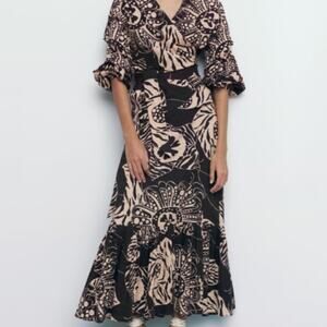 ZARA Printed Linen Blend Wrap Top & Maxi Skirt Ruffles Brown & Cream Size XS